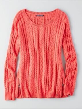 American Eagle Outfitters Coral Cable Knit Lightweight  Scoop-Neck Sweater L